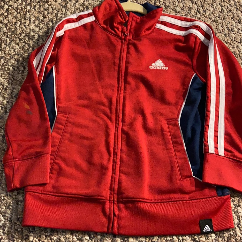 Adidas zip up sweatshirt red with white stripes 4t